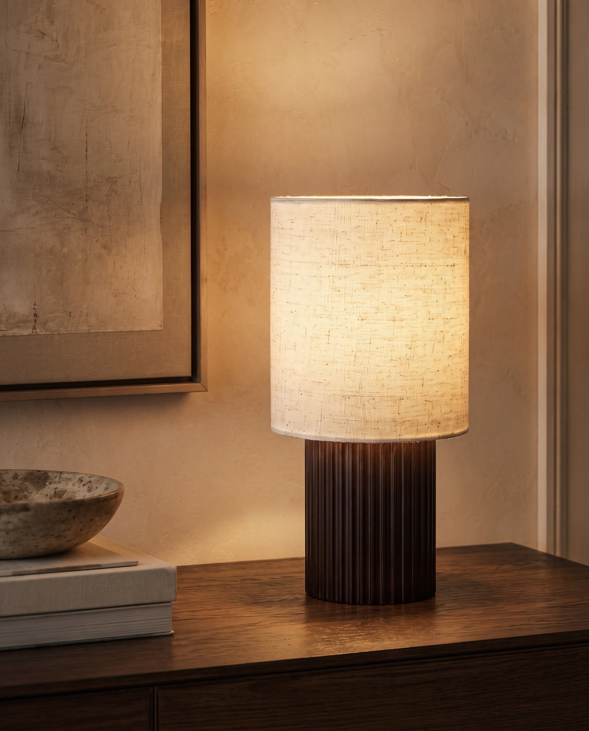 Colonne aluminum and linen table lamp, lit