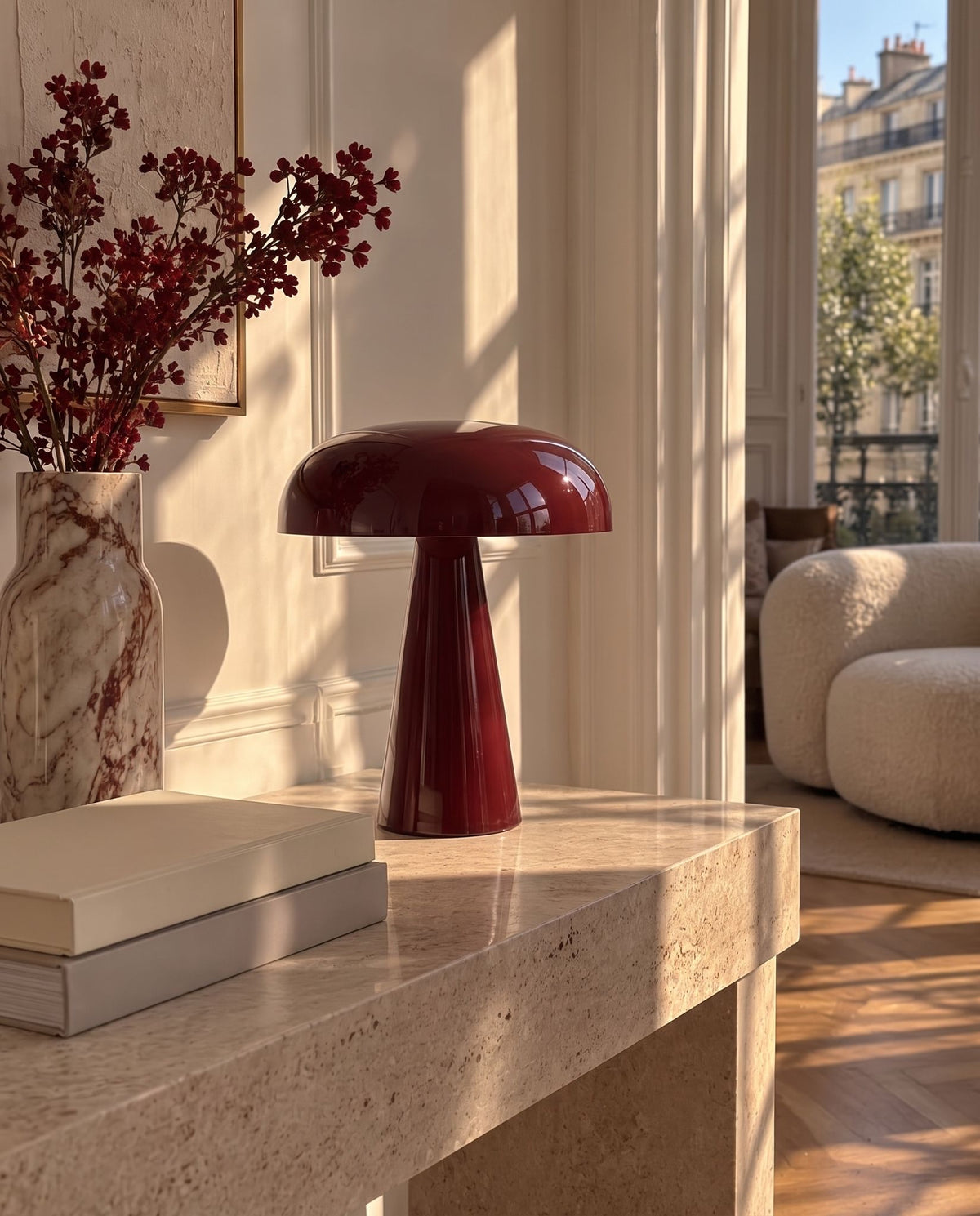 Rubra lacquered table lamp in a sunlit Parisian living room