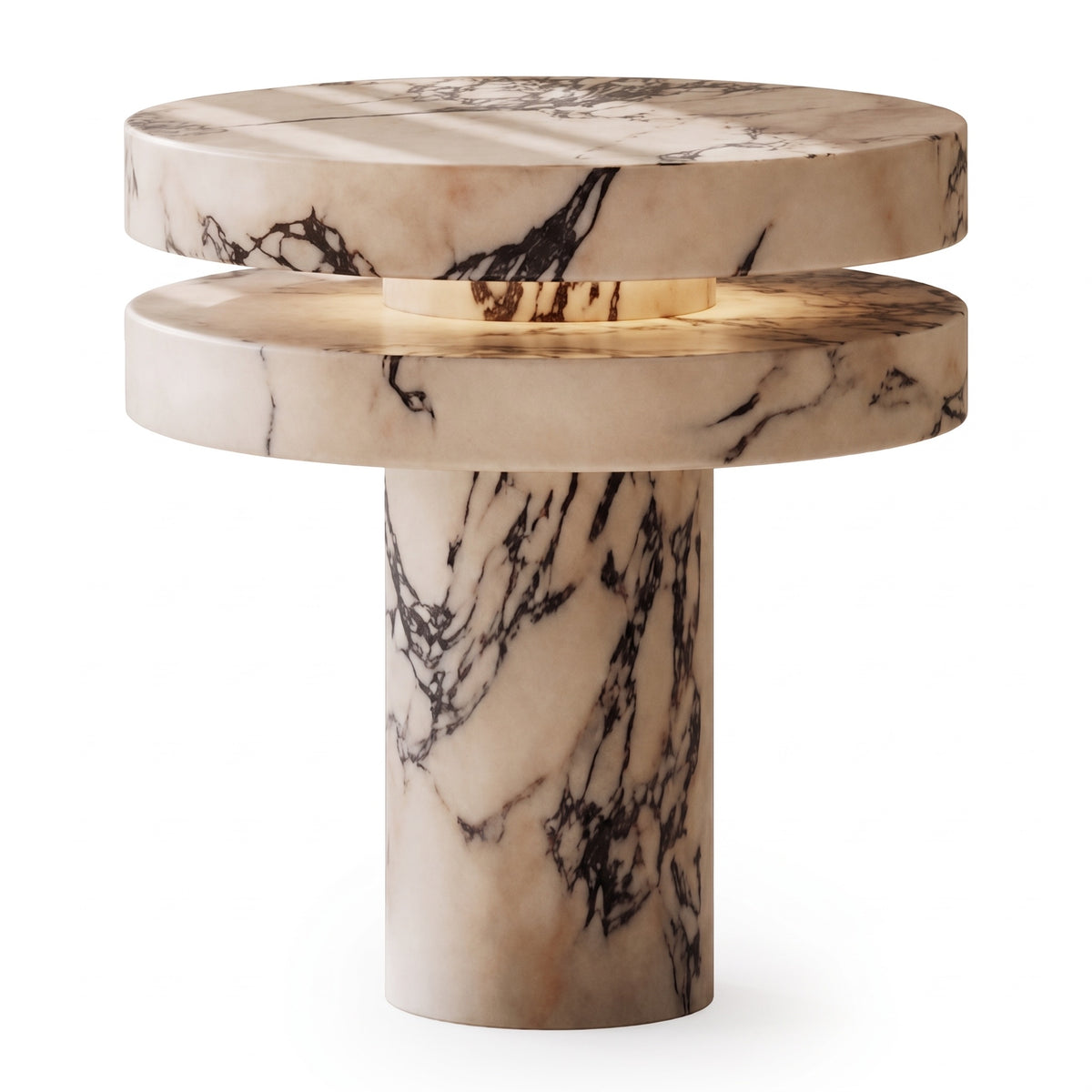 Strates marble table lamp, lit, on a white background