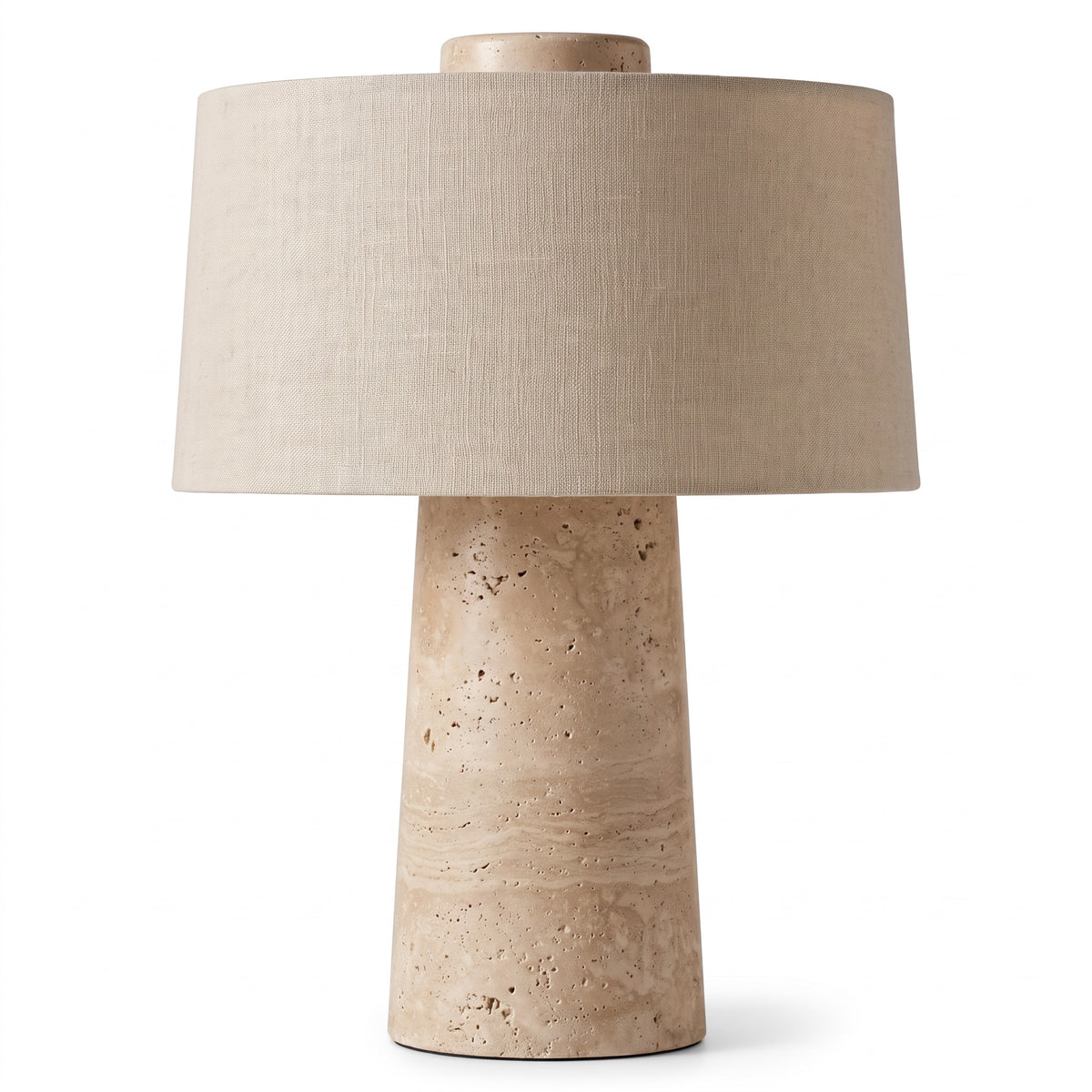 Tellur travertine and fabric table lamp against a white background